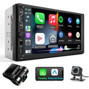 Double Din Car Stereo with Dash Cam,Compatible with Apple Carplay,Android Auto,7 inch Touch Screen Car Radio with Backup Camera Bluetooth Support Mirror Link Navigation FM Radio