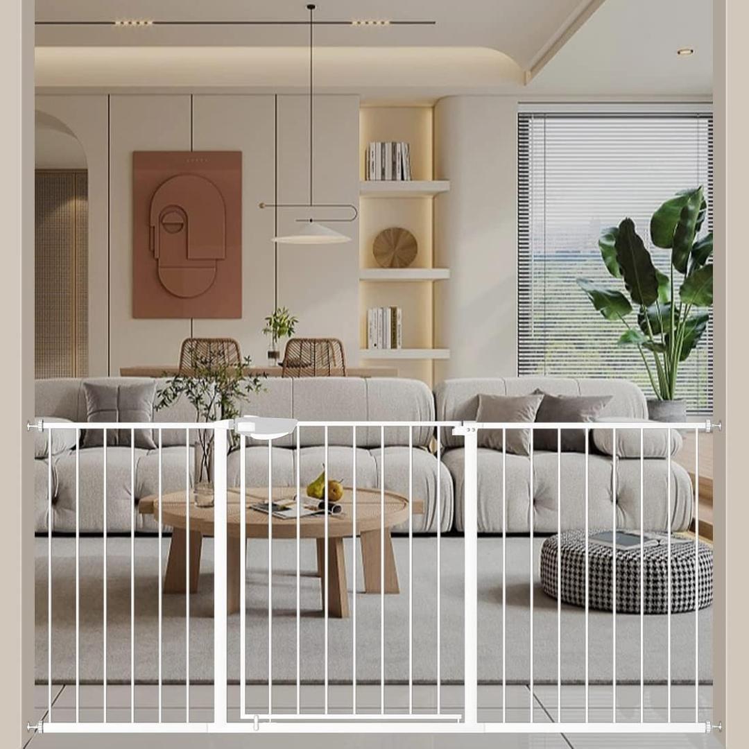 WAOWAO Triple Lock Baby Gate Extra Wide 62.59-67.32" Pressure Mounted Walk Through Swing Auto Close Safety White Metal Dog Pet Puppy Cat for Stairs,Doorways,Kitchen,White, 62.59-67.32"/159-171cm