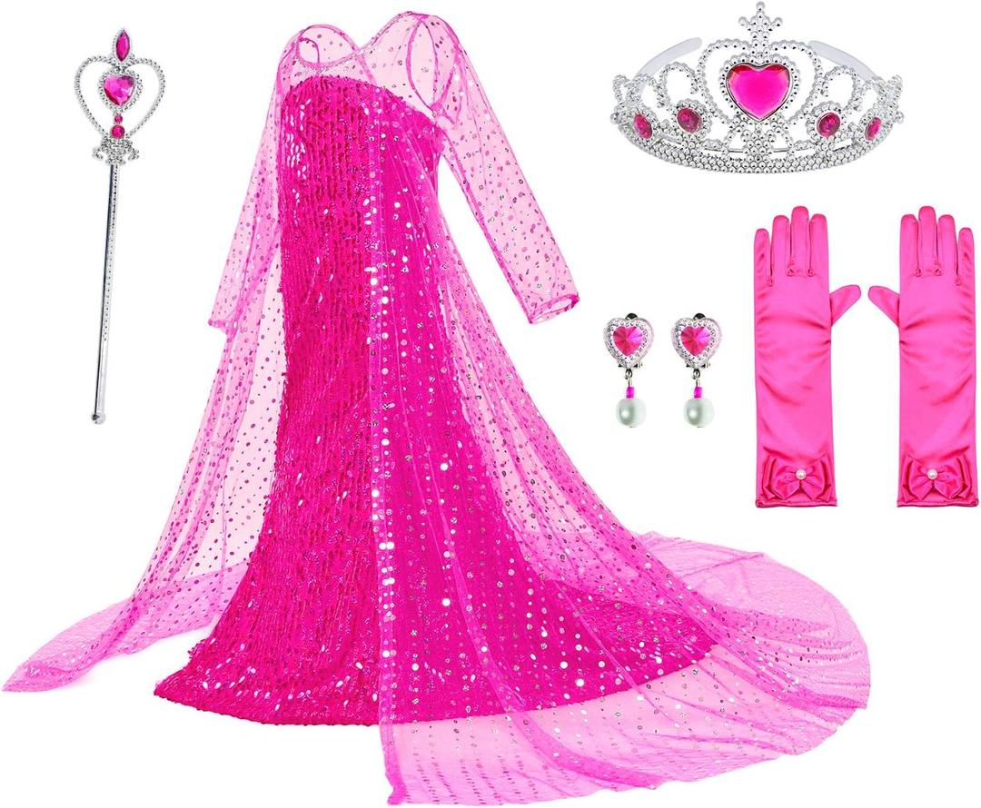 Luxury Princess Dress Costumes with Shining Long Cape Girls Birthday Party (7-8 Years, Pink-2)