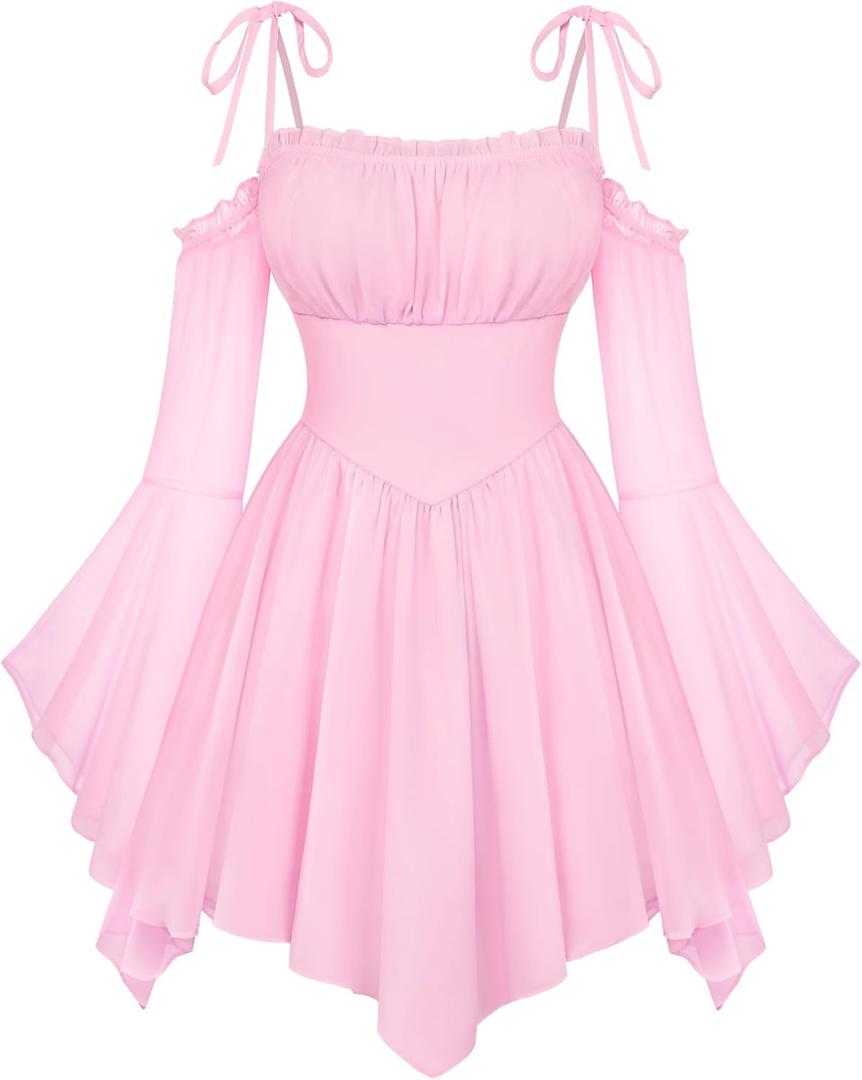 Scarlet Darkness Womens Renaissance Fairy Dress A Line Boho Off Shoulder Corset Dress with Pockets (Light Pink), XXL