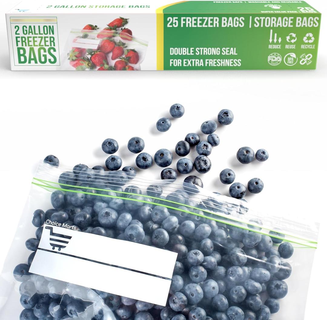 2Gallon Freezer Bags  25 Count  Resealable, Double Zipper, Leak Proof, Over 3Mil Thick 2Gallon Freezer Bags Heavy Duty