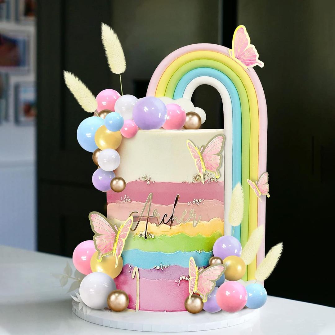Rainbow Cake Topper Balls Cake Decorations Boho Cake Topper with Colorful Cloud Rainbow Butterflies for Wedding Birthday Supplies