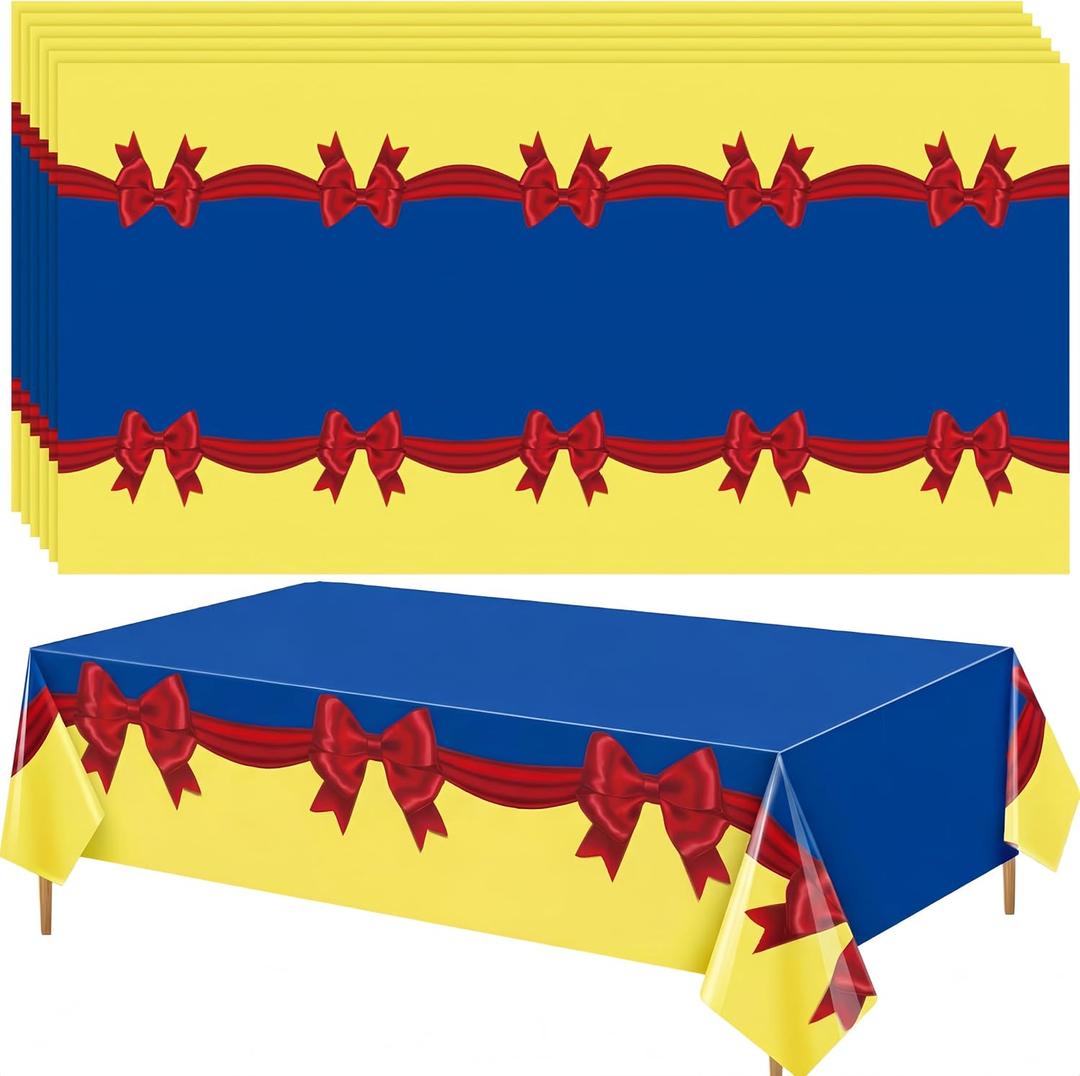 6 Pcs Princess Snow Themed Party Tablecloth 54x108 Inch Blue and Yellow Red Bow Plastic Table Cover Disposable Snow Princess Table Cloth for Birthday Party Supplies