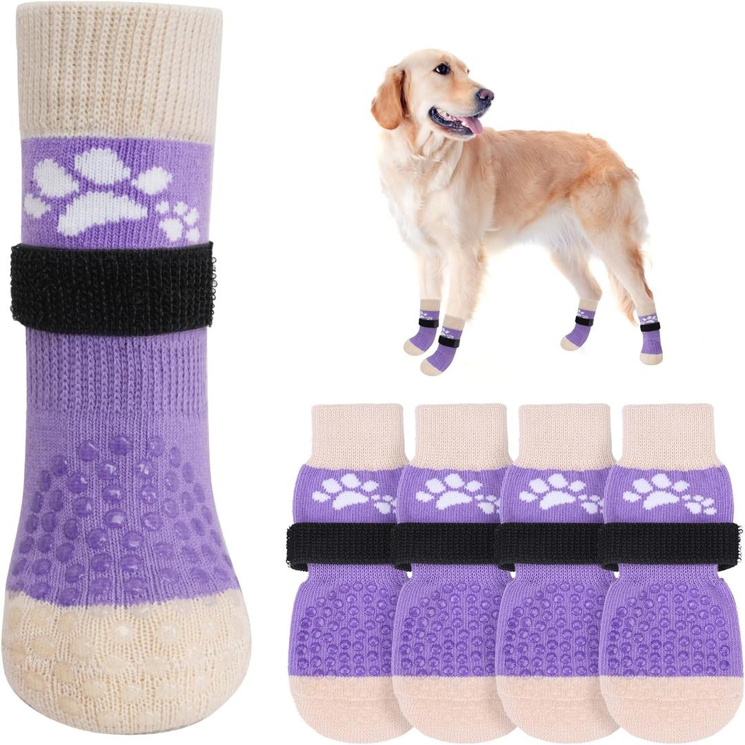 SCENEREAL Anti Slip Dog Sock to Prevent Licking Paws for Hardwood Floors, Boots & Paw Protector Shoes for Hot/Cold Pavement with Grippers, Double Sides Grips for Senior Dogs, L (Two Paws(Pack of 6)-Purple)