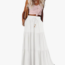 HAEOF Women's Summer Boho Maxi Skirt A-Line Flowy Ruffle Tiered Elastic High Waist Beach Long Skirts with Pockets, Size L