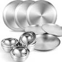 304 Stainless Steel Plates and Bowls Metal Camping Plates Reusable 13 oz Steel Snack Bowls Dinner Dishes Double Walled Insulated Metal Dinnerware (6 Sets, 8 x 8 Inch)
