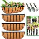 Railing Planter Window Box - 4 Pack 24 Inch Deck Balcony Rail Planter with Coconut Coir Liner, Fence Metal Hanging Flower Basket Deck Railing Planter Boxes for Outdoor Garden (24 Inch - Classic Arc Shape)