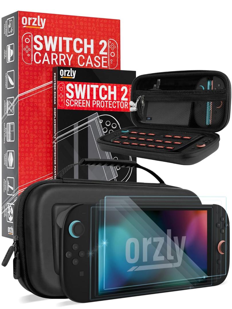 Orzly Screen Protector and Case Bundle compatible with Nintendo Switch 2  Premium Tempered Glass Screen Protector, Durable EVA Case with Organized Storage for Switch 2 Accessories
