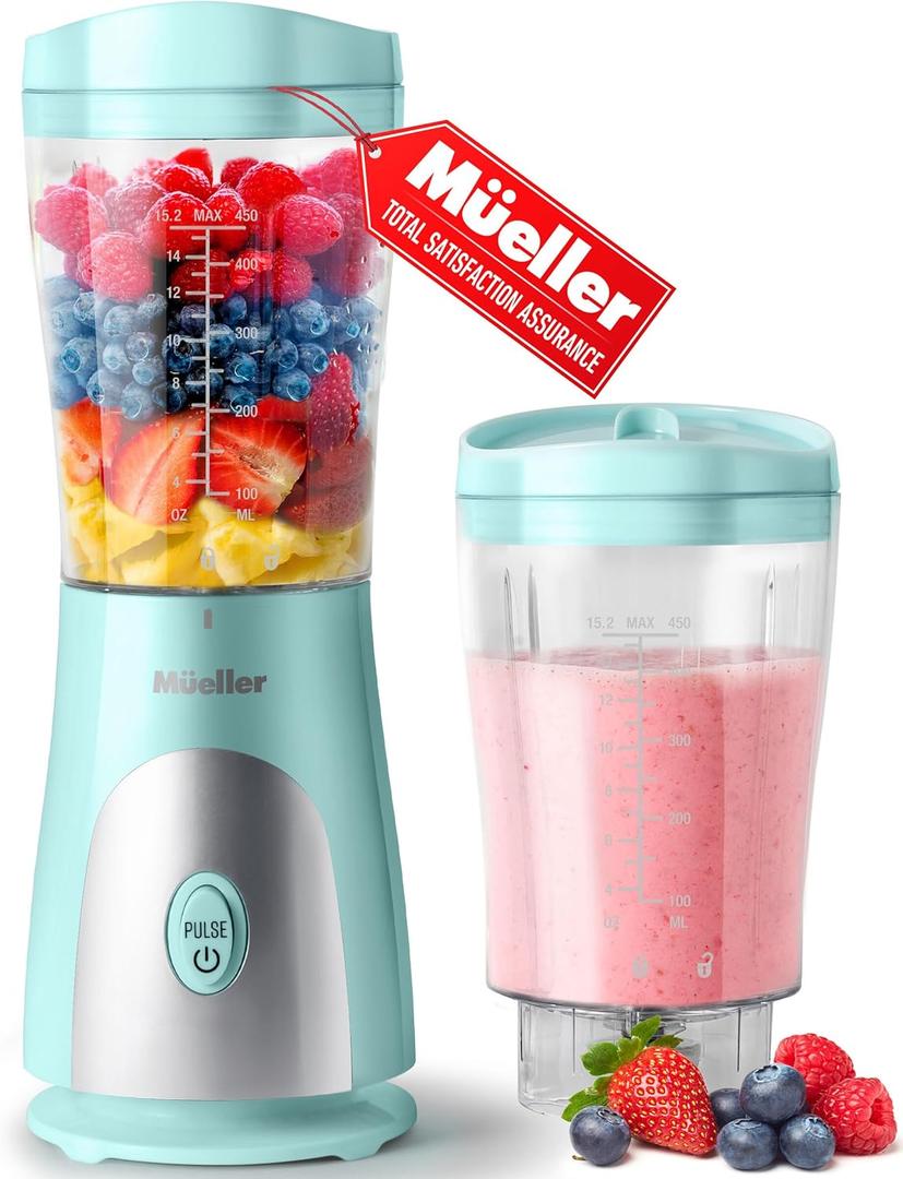 Mueller Personal Blender for Shakes and Smoothies with 15 Oz Travel Cup and Lid