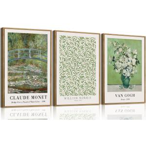 ZKFGPP 3 Piece William Morris Botanical Framed Wall Art Van Gogh Floral Canvas Art Prints Green Monet Painting Pictures Artwork Wall Decor for Living Room Bedroom 16x24in