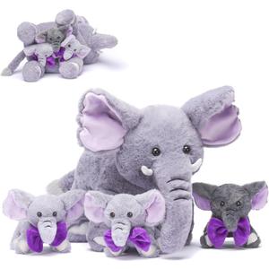 IKASA Mommy Elephant Stuffed Animal Mom and Baby Plush Toy, Cute 17" Soft Small Mama Family Set Cuddly Toy with Little Mini Babies,Gifts for Kids
