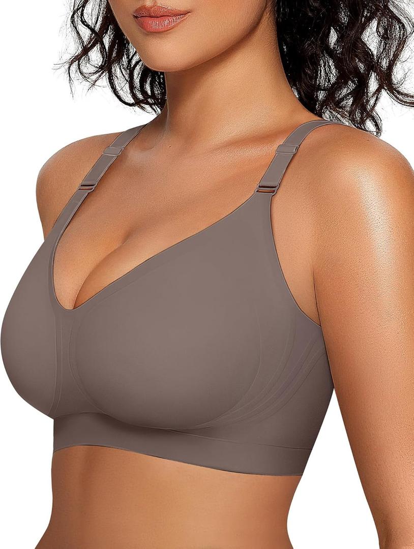 OEAK Womens Seamless Bras Comfortable Bra No Underwire Full Support Bralette Push Up Plus Size V Neck Sleeping Tshirt Bras (Large, Grey)