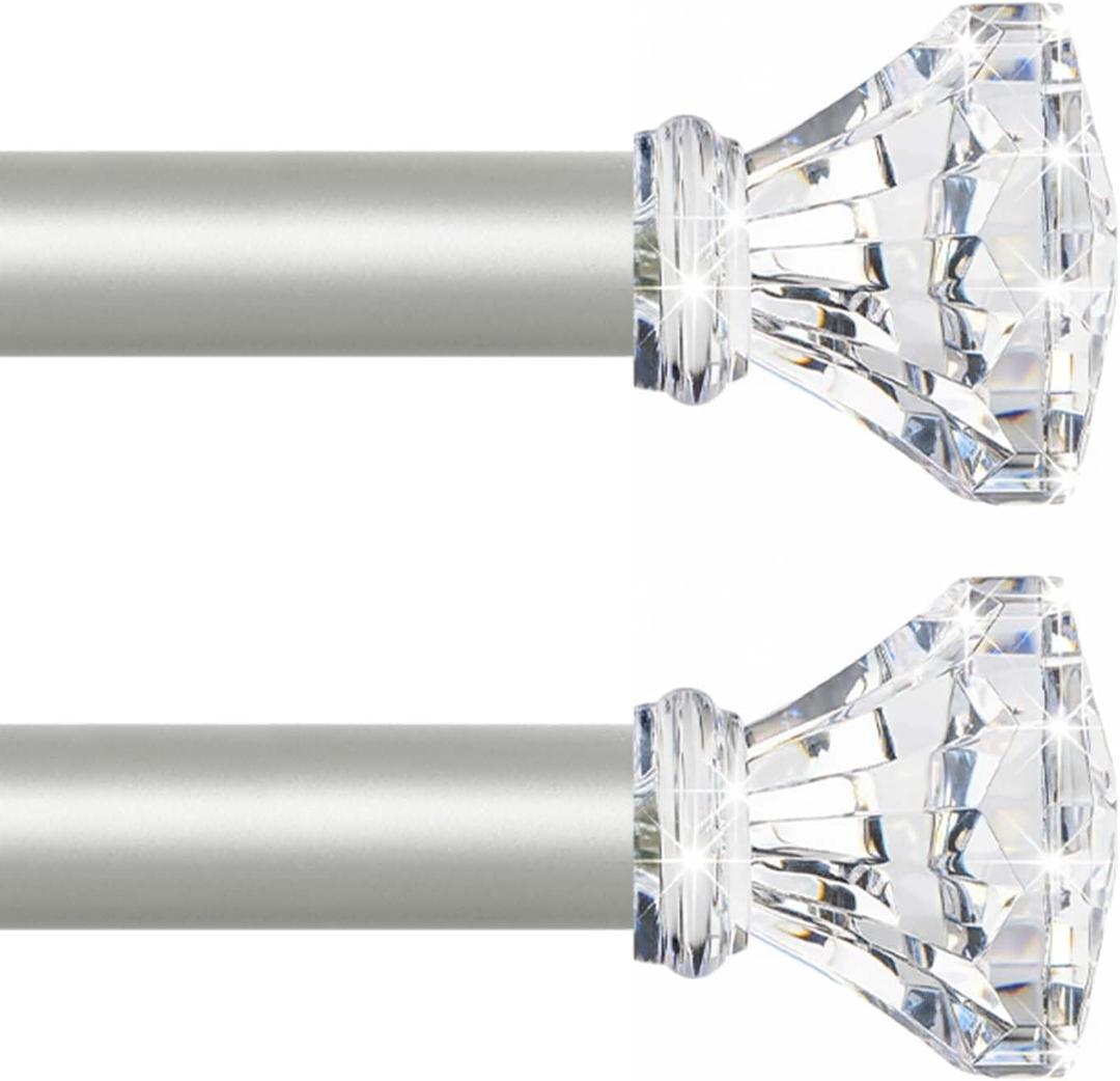 Silver Decorative Crystal Curtain Rods 2 Pack:Heavy Duty Adjustable Window Curtains Rods for Living Room Bedroom,Nickel Modern Acrylic Drapery Rods Set with Clear Bling Diamond Finials,18-45"