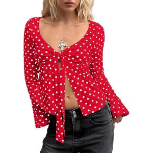 Women Y2k Polka Dot Bow Tie Front Split Hem Peplum Crop Tops Coquette Sweetheart V Neck Long Sleeve Fall Shirts (Red, S)