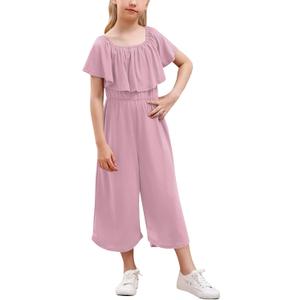 GORLYA Girls Scoop Neck Ruffle Overlay Jumpsuit Rompers Casual Loose Long Wide Leg Jumper Outfits 4-14T ( Size 12 Years, Pink)