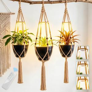 Huquary 3 Pack Macrame Plant Hanger with Grow Light Hanging Planter Basket Flower Holder and Hanging Remote Grow Lights for Indoor Plants Suitable for Different Size Pots (Brown)