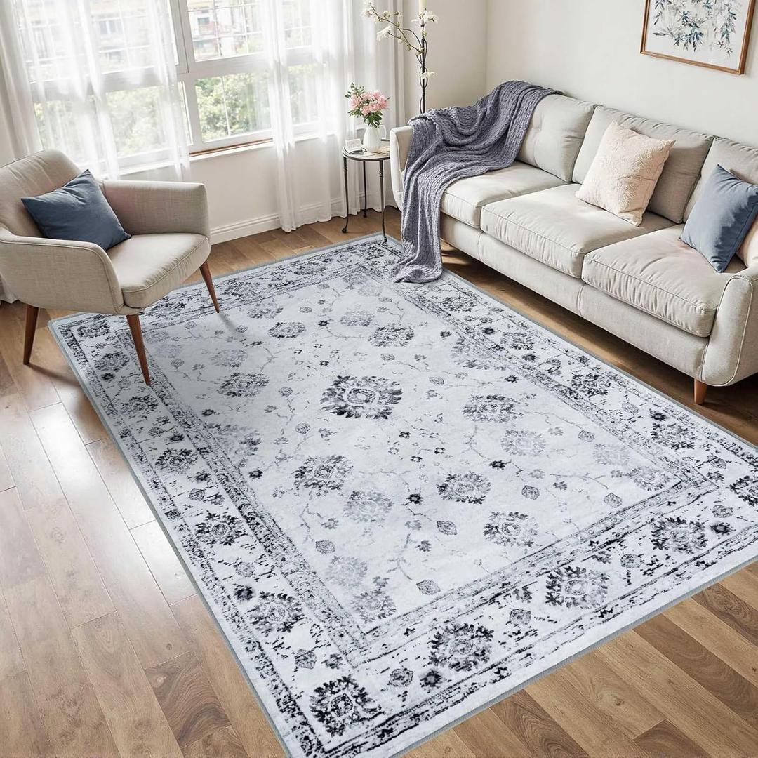 FinRec 4x6 Rugs for Living Room, Washable Vintage Floral Bedroom Rug, Non-Slip Low Pile Area Rug, Ultra-Thin Foldable Accent Indoor Carpet for Kitchen Dining Room Kids Room Home Office - Grey (White and Grey)