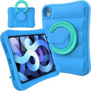 MRWHO Kids Case for iPad Air 5th 4th Generation 10.9 inch  Sturdy Lightweight Rotating Stand Folding Handle Rugged Cover for Apple ipad Air 5 4 Gen Girls Boys, Blue