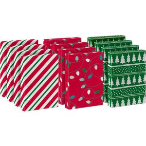 Hallmark Medium Christmas Gift Boxes with Lids (12 Shirt Boxes, 3 Designs: Lights, Trees, Red and Green Stripes) for Christmas, Holiday Parties, Hostess Gifts