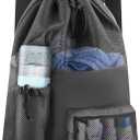 Mesh Bag Beach Backpack, Swimming Bags for Swimmers,Waterproof Mesh Drawstring Bag for Women Men, Large Swim Bag Accessories for Swimming Gear, Gym BagsBlack
