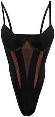 Milumia Women's Sexy Sheer Mesh Spaghetti Strap Bodysuit See Through Rave Party Cami Tops L
