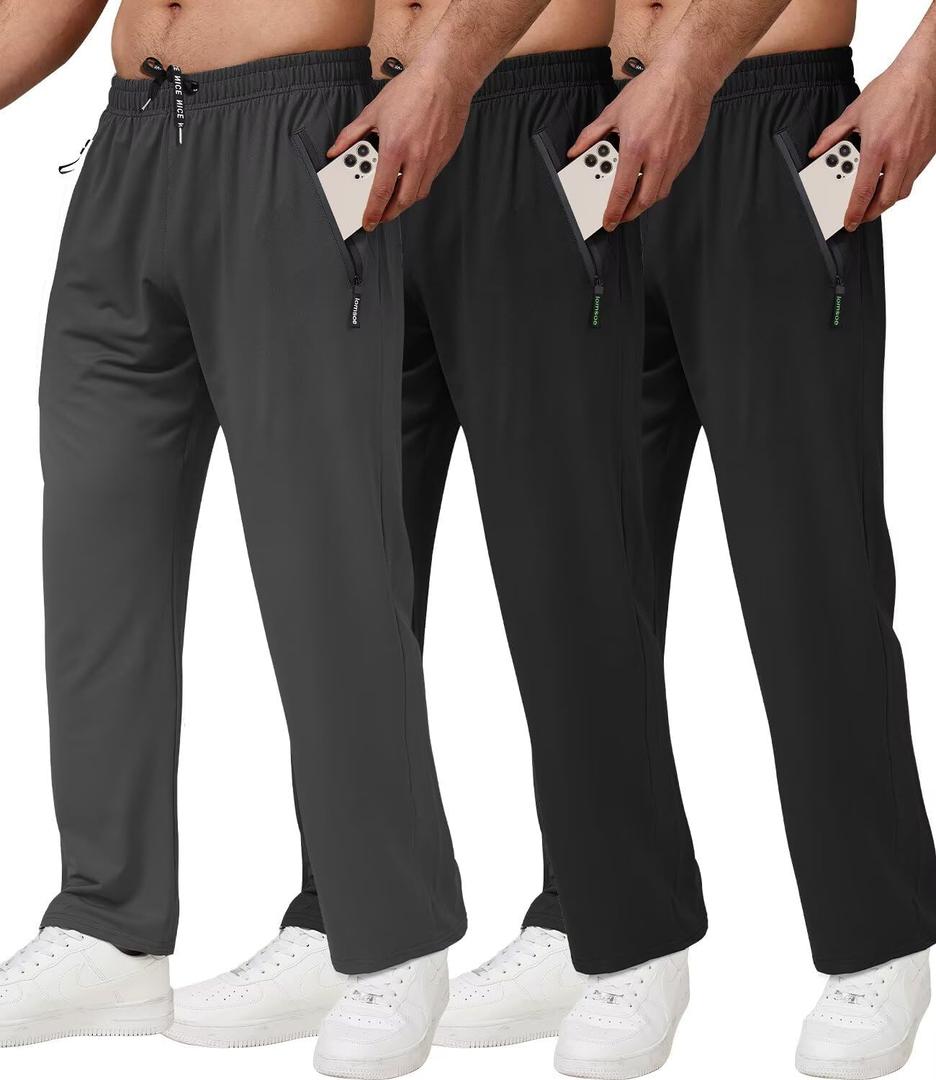 3 Pack Men's Athletic Pants with Zip Pockets, Lightweight Workout Sweat Pants Gifts for Men (Large, Black, Gray)