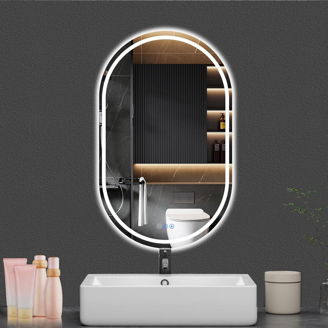 Oval LED Bathroom Mirror, 22"x 36" Frameless LED Mirror with Front Light and Backlit, Anti-Fog, Dimmable Modern Wall Mounted Lighted MirrorPill-Shaped Smart Mirror Bathroom