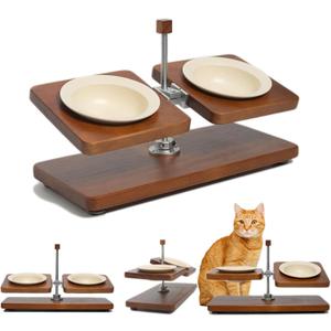 Upgraded Adjustable Elevated Pet Food Stand - Raised Wooden Cat Bowls & Dog Bowls Holder with Ceramic Dishes for Small Puppy & Kitten, Non-Slip 2-8'' Height Rotatable Platform (Walnut-White)