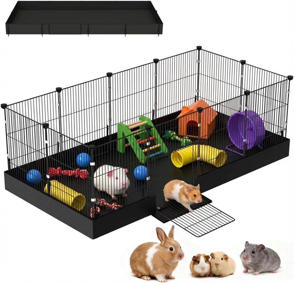 Guinea Pig Cages DIY Small Animal Playpen with Waterproof Liner, Expandable Cage for Guinea Pigs, Metal Wire Yard Fence Rabbit Cage (12 Panels - 48"L x 24"W x 16"H)