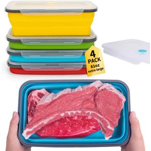 Extra Large Collapsible Food Storage Containers with Lid & Air Vent, 81 oz, 4 Pack, XXL Collapsible Marinade Container BBQ Prep Foldable Silicone Containers, Microwave Freezer Dishwasher Safe