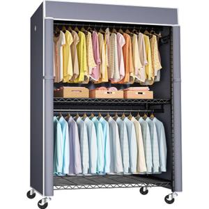 FUTASSI Black Clothing Rack with Grey Cover, P1C Plus Rolling Closets with Wheels, Metal Garment Rack for Hanging Clothes, Clothing Storage Wardrobe, 46" W x 18.5" D x 80.7" H, Load 524 Pounds