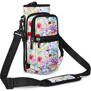 AUPET Water Bottle Sling Bag Sleeve Holder Carrier 32oz,Insulated Crossbody Water Bottle Case Cover with Strap and Pockets for Men/Women Walking Hiking (Doodle-Style Flower)