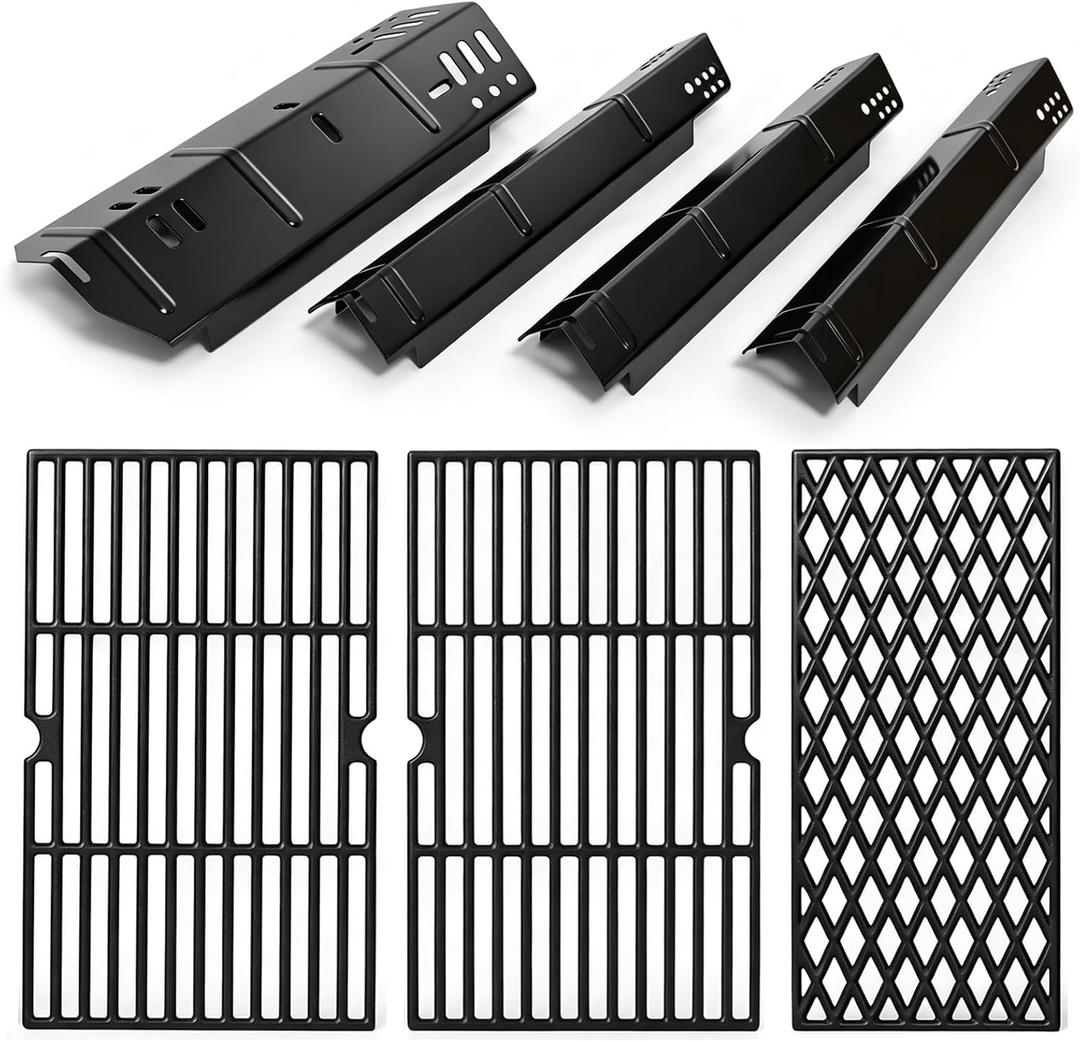 Grill Replacement Parts for Dyna-Glo 4 Burner DGH450CRP DGH451CRP, Set of 4 Porcelain Steel Grill Heat Plates Shield + 3-Pack Cast Iron Cooking Grill Grates Kit for Dyna Glo 3/4 Burner Grill