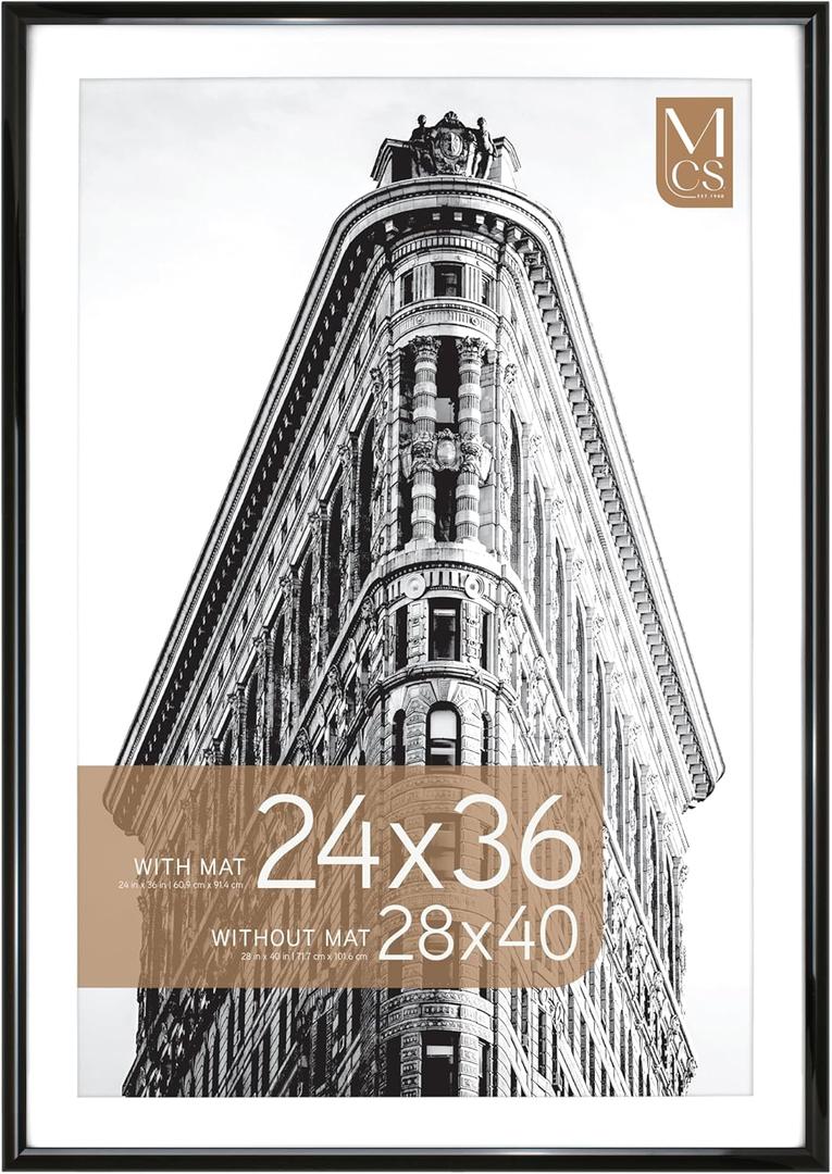 MCS Trendsetter 28x40 Poster Frame, Display Pictures 24x36 With Mat or 28x40 Without Mat, Vertical & Horizontal Wall Hanging Large Picture Frame for Photos & Posters, Black (1-Pack)
