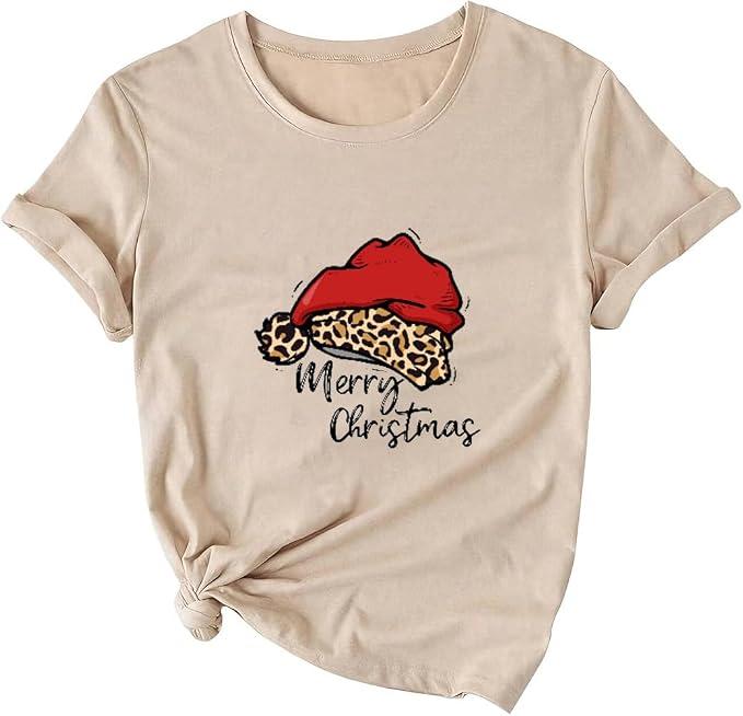 Merry Christmas Shirts for Women Novelty Holiday Basic Winter Christmas Santa Hat Printed Tee Tops(Khaki XL)