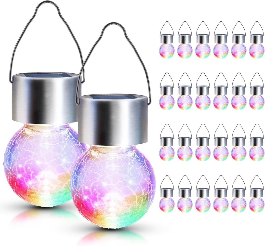 GIGALUMI 24 Pack Solar Outdoor Lights, Christmas Hanging Lights for Christmas Decoration-Cracked Glass Solar Lantern Outdoor Waterproof for Garden, Yard, Fence, Tree(Color Changing)