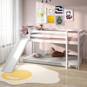 Twin Size Low Sturdy Loft Bed with Slide Wood