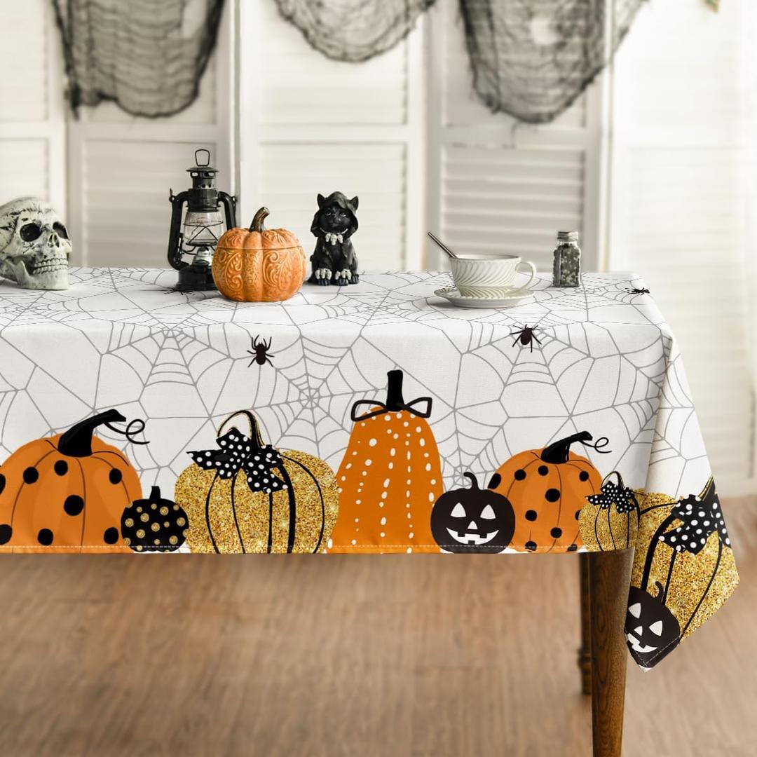 Horaldaily Halloween Tablecloth 60x104 Inch Rectangular, Jack-O-Lantern Pumpkin Cobweb Scary Themed Washable Table Cover for Party Picnic Dinner Decor (White)