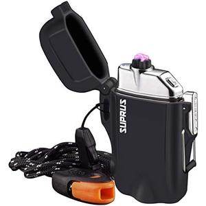 SUPRUS Waterproof 3 Modes of Flashlight Windproof Lighter Dual Arc Electric Rechargeable Dual Arc Plasma Lighters with Survival Emergency Whistle and Lanyard