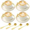 Cappuccino Cups Set of 4, 7oz Espresso Cups Set with Saucers and Spoons, Gold Trim Ceramic Coffee Tea Cups for Latte, Mocha, Au Lait, Dishwasher & Microwave Safe, Art Deco (Gold Striped/200ml)