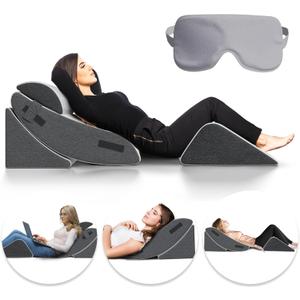 Orthopedic Bed Wedge Pillow Set 4-Piece Adjustable Foam Support for Headboard, Back, Legs & Sleep Ideal for Acid Reflux, Pregnancy, Snoring & Pain Relief  Includes Eye Mask & Washable Covers