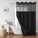 eachope Long No Hooks Needed Linen Textured Shower Curtain with Snap-in Fabric Liner Set, Black Hotel Luxury Decor Shower Curtains for Bathroom, Waterproof & Washable,71Wx80H
