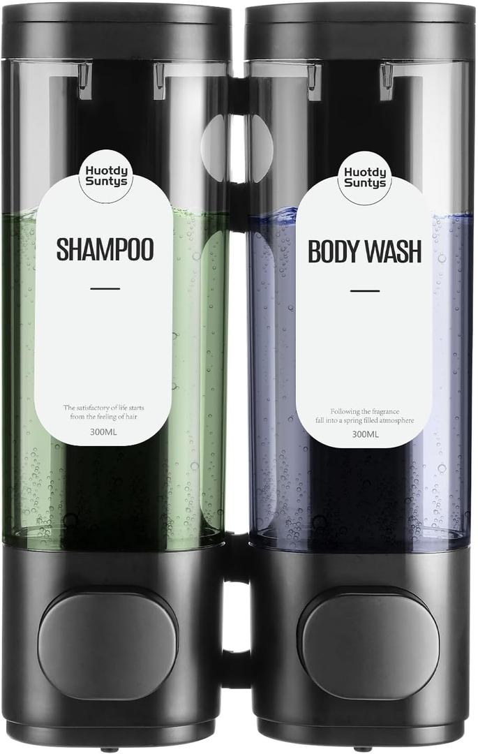 2-Chamber Shampoo and Conditioner Dispenser Shower Soap Dispenser 2 Chamber No Drill,Shower Soap Dispenser Wall Mounted, HUOTDY SUNTYS Body Wash Dispenser Set for Bathroom Toilet Hotel Kitchen (BLACK)