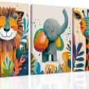 3Pcs Safari Animal Nursery Canvas Wall Art Cute Watercolor Elephant Giraffe Lion Pictures Wall Decor Colorful Jungle Animals Posters Painting Prints for Kids Room Baby Boys and Girls Room, Framed