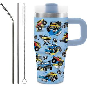 14 oz Monster Truck Tumbler with Handle and Straw for Kids, Insulated Stainless Steel Travel Mug for Boys, Double Wall Vacuum Reusable Cup, Birthday Gifts for Boys