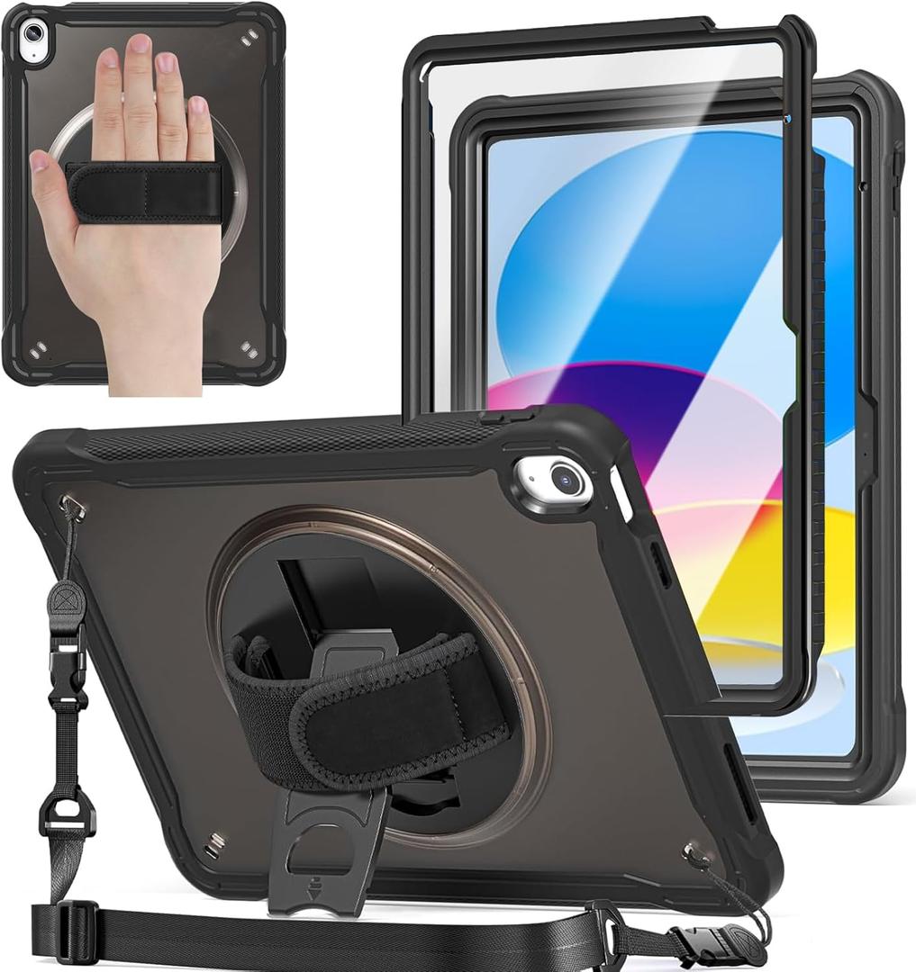 ZenRich Case for iPad (A16) 11th 2025/ iPad 10th Generation 10.9 inch 2022 with Screen Protector, Shockproof Slim Case with Pencil Holder/360Rotating Kickstand/Handle/Carrying Strap, Black