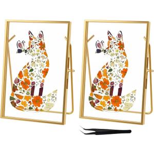 4x 6'' Gold Floating Frame Set Of 2 For Photo Sizes 2x3'',3.5x 5'',4x6'',Brass Metal Lace Edge Frames,Double Glass Adjustable Tabletop/Shelf Photo Frame, Christmas Framed Wall Art Craft Ornaments Classy Gifts