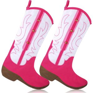 Soulchen 2 Pcs Pink Cowboy Boot Stocking 20 Inches Christmas Western Stocking Cowgirl Hanging Decor for Christmas Stuffers