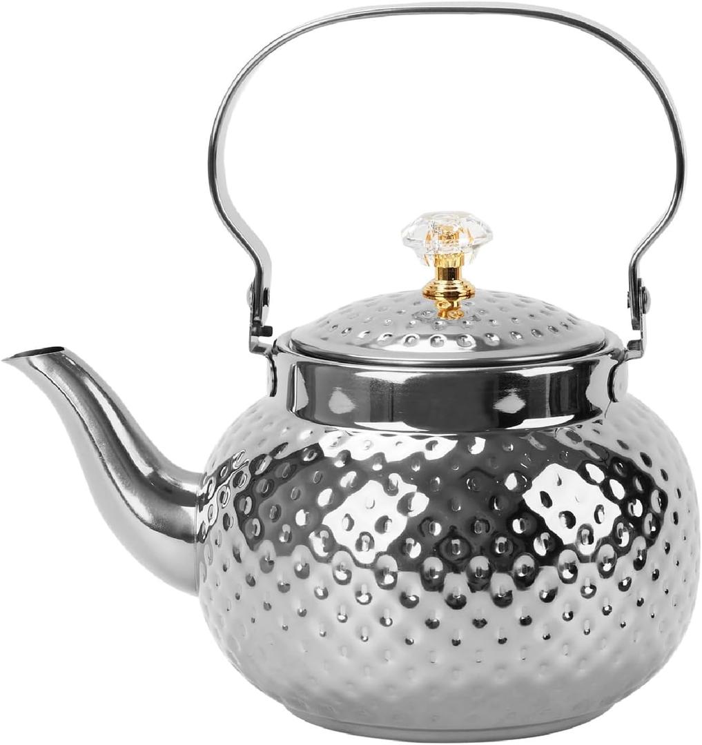 2L Hammered Tea Kettle, Stainless Steel Tea/Coffee Pot Loose Leaf Teapot for Tea, Milk, Coffee, 2L Teapot with Strainer Stovetop Tea Kettle, Outdoor Travel Supplies, Gift For Tea (Silver 2L)