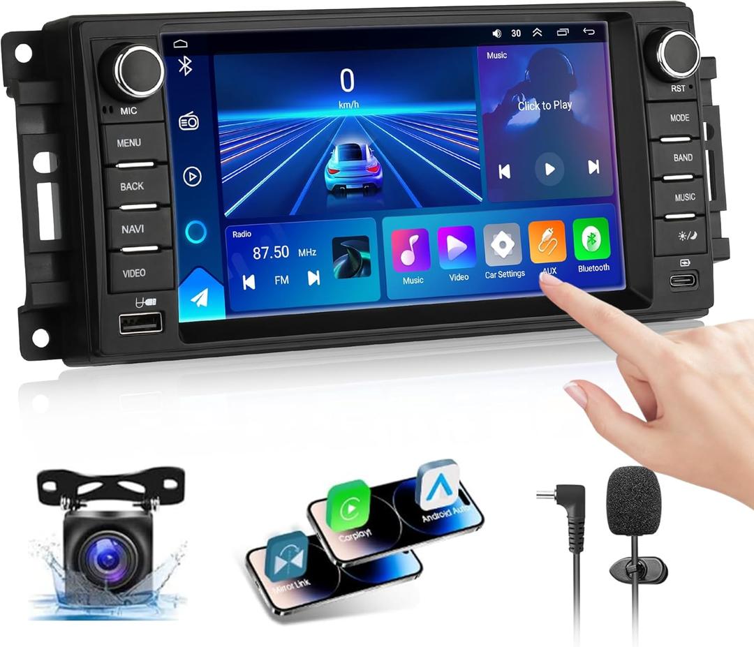 4G+64GB Car Radio Stereo for Jeep Wrangler/Compass/Grand Cherokee,for Dodge Grand Caravan/Ram 1500/2500/3500,Carplay&Android Auto w/ 7" IPS Touchscreen Radio Support GPS/WiFi/AHD Camera/SWC/FM
